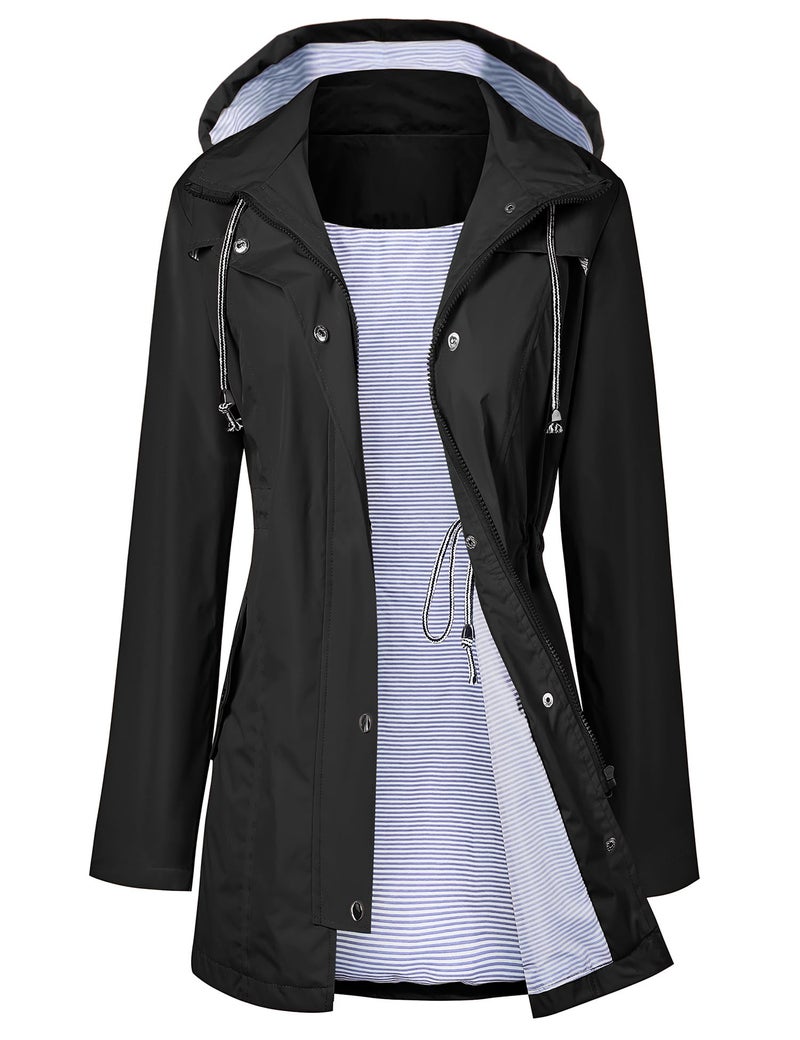 LOMON Women Rain Jacket Belted Adjustment Hooded Long Lightweight Packable Outerwear Waterproof Breathable Cotton Lined Raincoat Black M - Image 1
