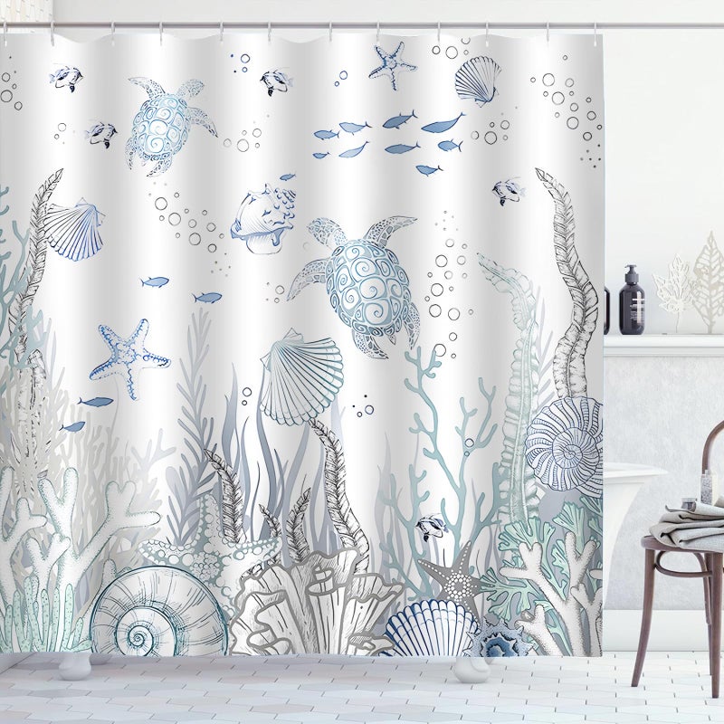 ZCHOMI Coastal Turtle Shower Curtain Fish Coral Starfish Seashell Blue Ocean Beach Shower Curtains for Bathroom Waterproof Polyester Fabric Bathroom Curtain 72 x 72 Inch with 12 Hooks - Image 1