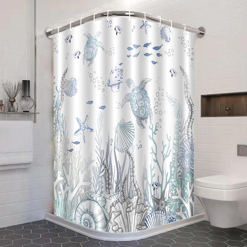 ZCHOMI Coastal Turtle Shower Curtain Fish Coral Starfish Seashell Blue Ocean Beach Shower Curtains for Bathroom Waterproof Polyester Fabric Bathroom Curtain 72 x 72 Inch with 12 Hooks - Image 3