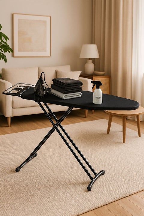 Ironing board and table with a black heat-resistant cover. Fabric size: 102 x 33 cm