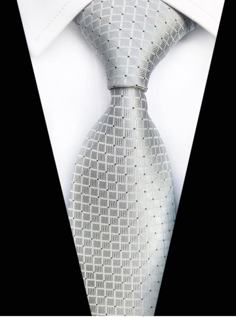 Elfeves Men Modern Tartan Formal Ties Checks Plaid Gingham Pattern Woven Necktie (One Size, Silver Grey) - Image 2