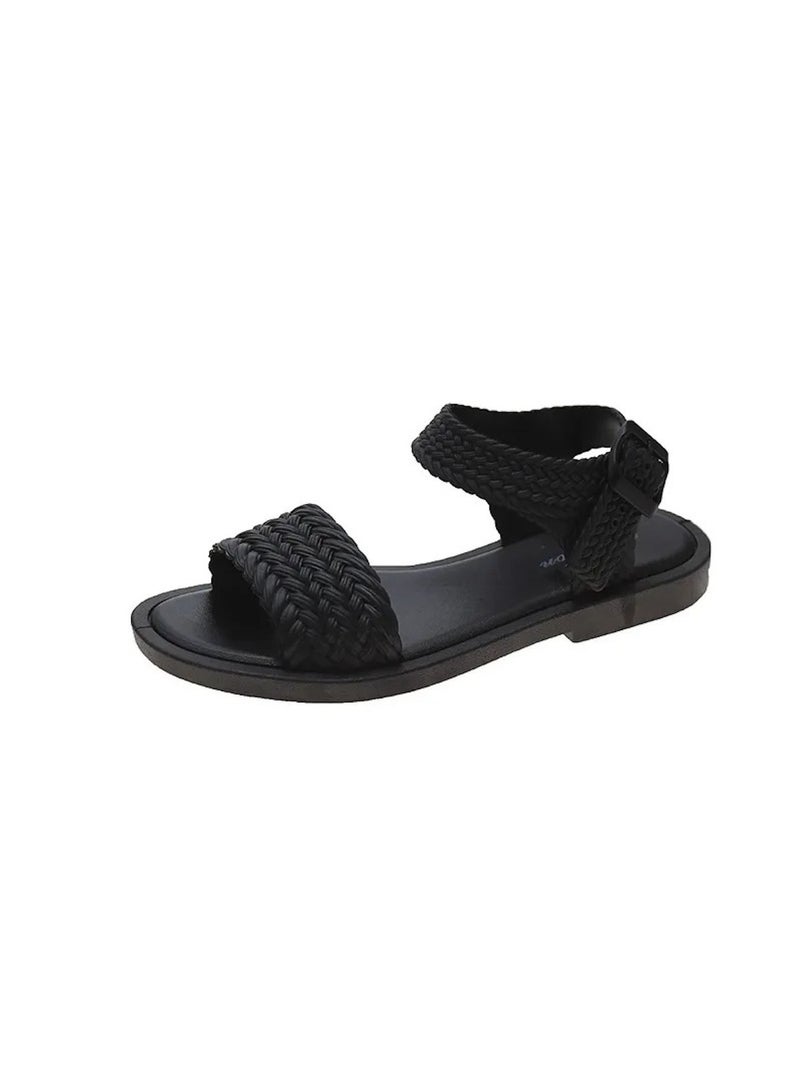 Huitich Black Braided Strap Fashion Sandals – Size 36–37 - Image 1