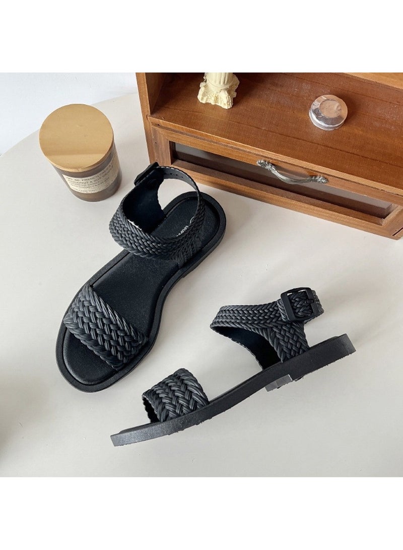 Huitich Black Braided Strap Fashion Sandals – Size 36–37 - Image 4