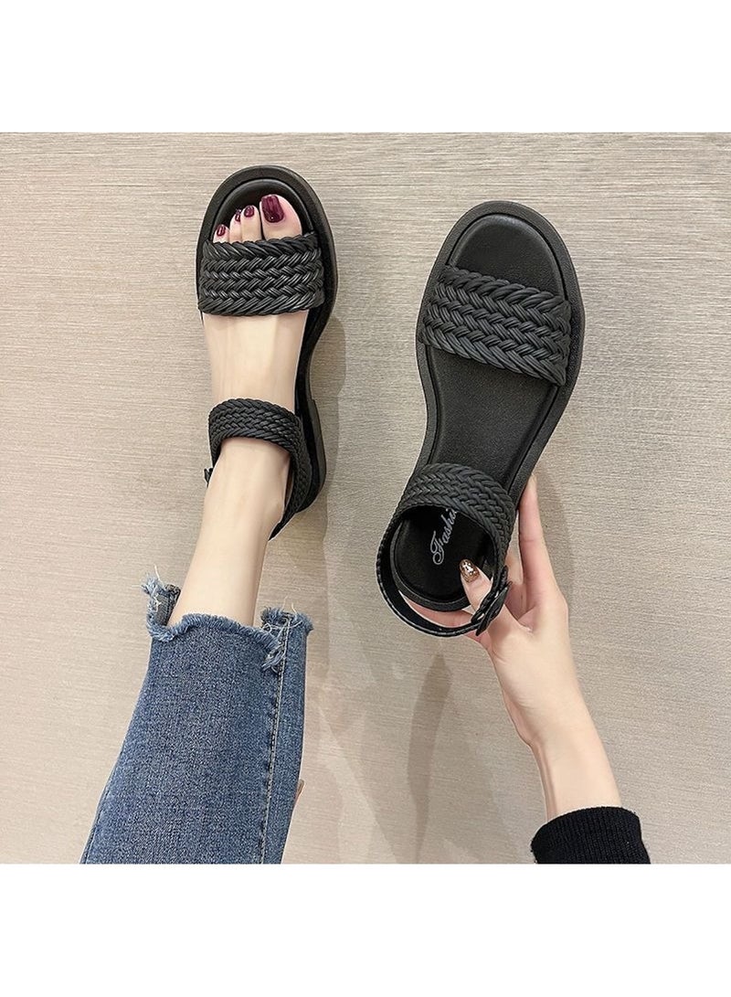 Huitich Black Braided Strap Fashion Sandals – Size 36–37 - Image 2