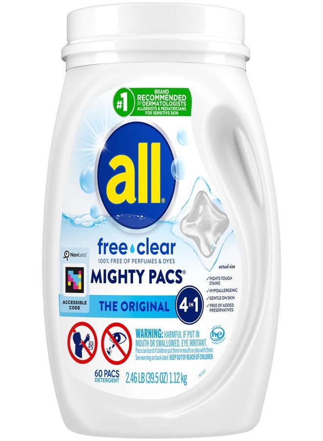 All Mighty Pacs Laundry Detergent, Free Clear for Sensitive Skin, Tub, 60 Count - Image 1