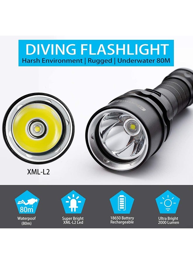 Garlo Diving Flashlight Dive Torch 2000 Lumen Waterproof Underwater XM-L2 LED Submarine Lights Holder with Rechargeable Battery,Charger for Under Water Deep Sea Cave at Night  - Image 2
