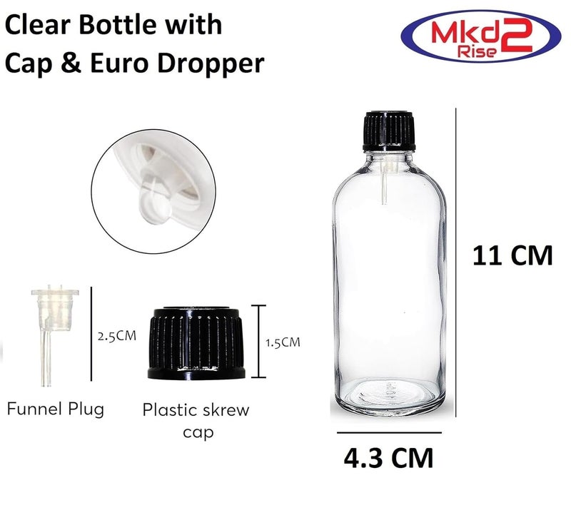 Mkd2 Rise Mkd2 Rise 100 ml ClearTransparent Round Empty Glass Bottle Pack Of 6 with Euro DropperBlack Cap Refillable For Essential Oils Diy Perfumes Medicines Homeopathy  - Image 3