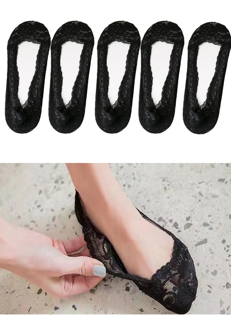 5 Pairs Lace No Show Socks Casual Non-Slip Low Cut Invisible Socks Liner Boat Socks for Women - Image 1