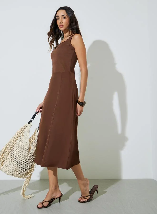 ستايلي Brown High Rise Solid A-Line Midi Skirt