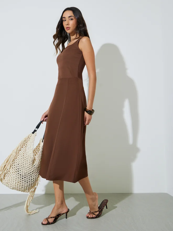 Styli Styli Brown High Rise Solid A-Line Midi Skirt