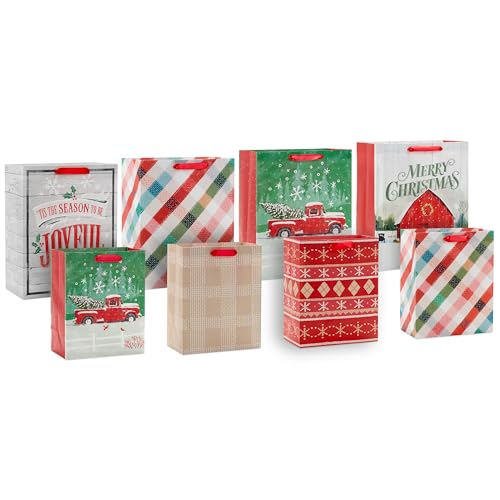 Hallmark Rustic Bag Assortment 8 Bags 4 Medium 9 4 Large 13 Snowy Red Barn Red Truck Plaid Painted Wood Sign - Image 1
