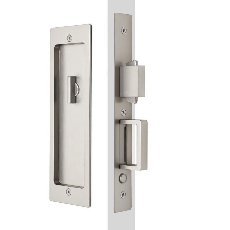 Dontay Rectangular Privacy Pocket Door Mortise Lock and Edge Pull Narrow Modern Sliding Door PopUp Handle BedBath Pull Latch Recessed Hardware for 1 38 to 2 316 Thickness Door Brushed Nickel - Image 2