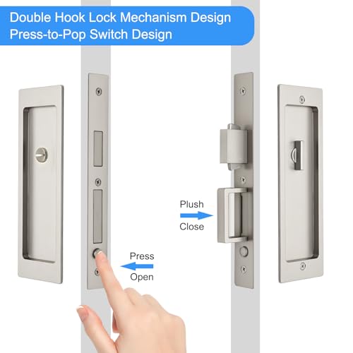 Dontay Rectangular Privacy Pocket Door Mortise Lock and Edge Pull Narrow Modern Sliding Door PopUp Handle BedBath Pull Latch Recessed Hardware for 1 38 to 2 316 Thickness Door Brushed Nickel - Image 3