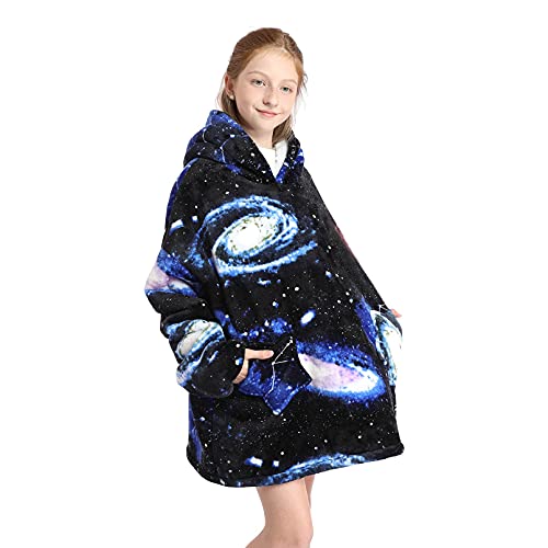 DESERT HOME Deserthome Wearable Blanket Hoodie for Kids 6-12YR Oversized Animal Hooded Blanket Super Soft Comfortable Warm Flannel Black Universe - Image 3