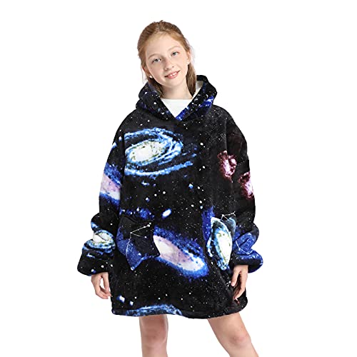 DESERT HOME Deserthome Wearable Blanket Hoodie for Kids 6-12YR Oversized Animal Hooded Blanket Super Soft Comfortable Warm Flannel Black Universe - Image 1
