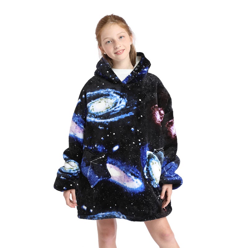 DESERT HOME Deserthome Wearable Blanket Hoodie for Kids 6-12YR Oversized Animal Hooded Blanket Super Soft Comfortable Warm Flannel Black Universe - Image 5