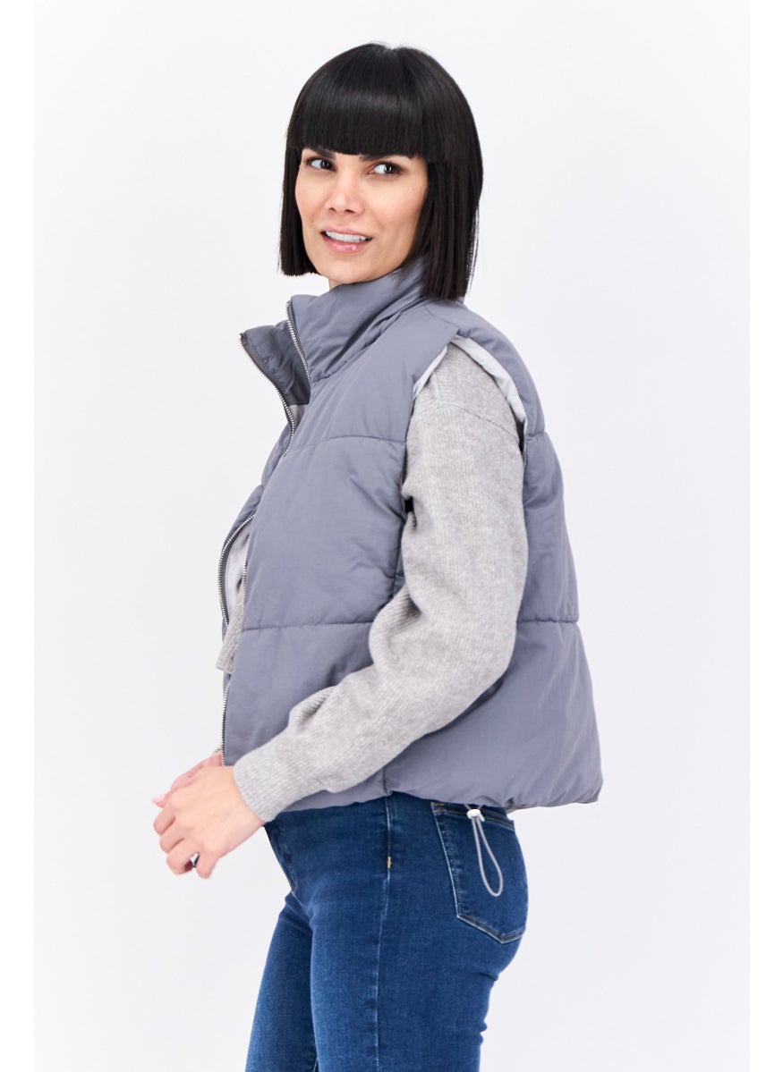 Bershka Women Quilted Vest Jacket, Grey  - Image 2