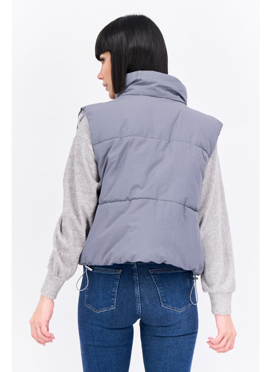 Bershka Women Quilted Vest Jacket, Grey  - Image 3