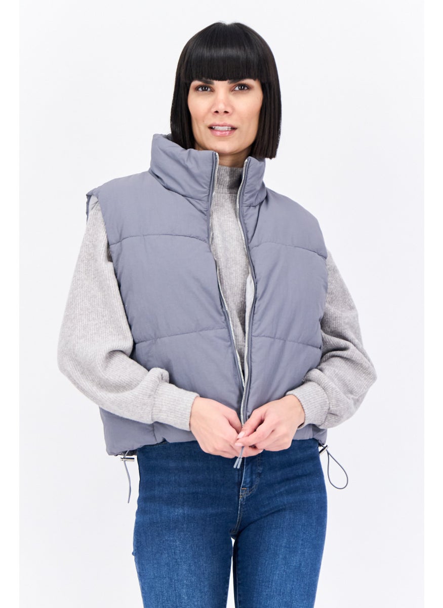 Bershka Women Quilted Vest Jacket, Grey  - Image 1