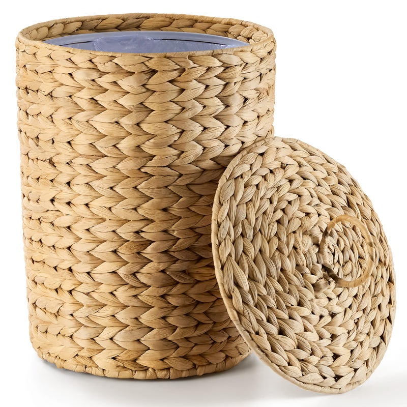 BLUEWEST 3 Gallons Wicker Trash Can with Lid,Handwoven Rattan Trash Can, Woven Decorative Wastebasket, Wicker Waste Basket with Removable Plastic Inner Bin for Bathroom, Bedroom, Office, or Kitchen - Image 1