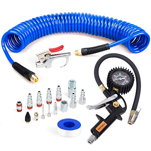 FYPower 18 Pieces Air Compressor Accessories kit, 1/4 inch x 25 ft Recoil Poly Air Compressor Hose Kit, 1/4" NPT Quick Connect Air Fittings, 100 PSI Tire Inflator Gauge, Heavy Duty Blow Gun - Image 1