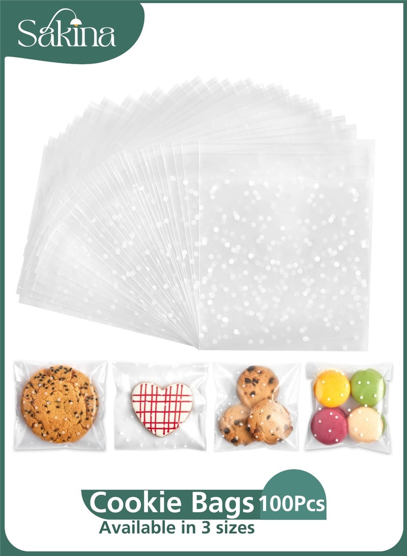 Sakina 100pcs Self-Adhesive Cookies Bags,Candy Bags ,Clear Cellophane Treat Bags with White Polka Dots, Food-Grade OPP Bakery Packaging for Candy, Cookies, Chocolate, Pastry—Multiple Sizes Available (5.5×5.5cm / 7×7cm / 10×10cm) - Image 1