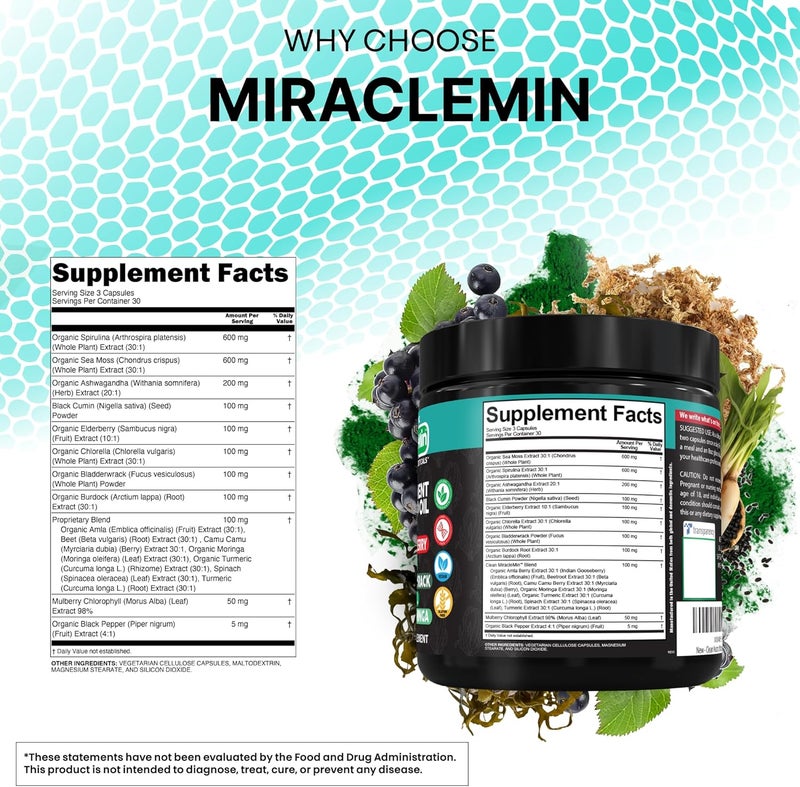 Clean Nutraceuticals كبسولات طحالب البحر النقية مع أشواغاندا وزيت حبة البركة وجذر الأرقطيون وبلادروك ومورينغا وكلوريلا وسبيرولينا وكركم وتوت العجوز وأملا 90 كبسولة نباتية من MiracleMin - Image 4