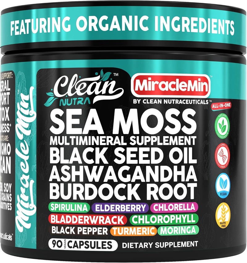 Clean Nutraceuticals كبسولات طحالب البحر النقية مع أشواغاندا وزيت حبة البركة وجذر الأرقطيون وبلادروك ومورينغا وكلوريلا وسبيرولينا وكركم وتوت العجوز وأملا 90 كبسولة نباتية من MiracleMin - Image 1