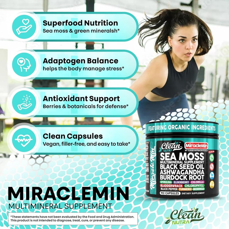 Clean Nutraceuticals كبسولات طحالب البحر النقية مع أشواغاندا وزيت حبة البركة وجذر الأرقطيون وبلادروك ومورينغا وكلوريلا وسبيرولينا وكركم وتوت العجوز وأملا 90 كبسولة نباتية من MiracleMin - Image 5