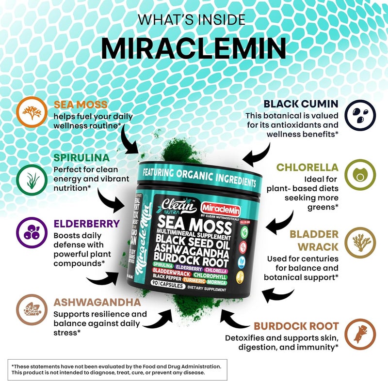 Clean Nutraceuticals كبسولات طحالب البحر النقية مع أشواغاندا وزيت حبة البركة وجذر الأرقطيون وبلادروك ومورينغا وكلوريلا وسبيرولينا وكركم وتوت العجوز وأملا 90 كبسولة نباتية من MiracleMin - Image 3