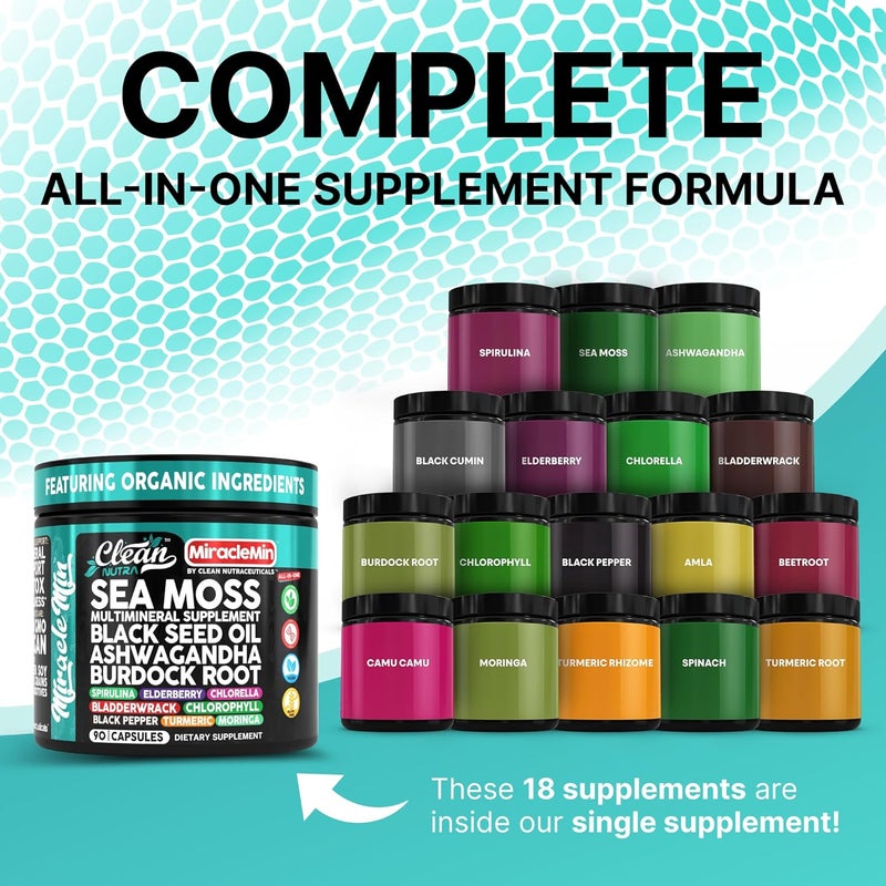 Clean Nutraceuticals كبسولات طحالب البحر النقية مع أشواغاندا وزيت حبة البركة وجذر الأرقطيون وبلادروك ومورينغا وكلوريلا وسبيرولينا وكركم وتوت العجوز وأملا 90 كبسولة نباتية من MiracleMin - Image 2