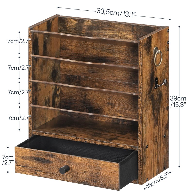 HOOBRO Wall File Organizer, Mail Organizer Wall Mounted, Wooden Literature Organizer, Construction Paper Organizer with Drawer Storage and 2 Hooks, for Office, Classroom, Home, Rustic Brown FG14WF01 - Image 3