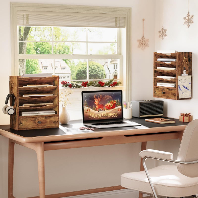 HOOBRO Wall File Organizer, Mail Organizer Wall Mounted, Wooden Literature Organizer, Construction Paper Organizer with Drawer Storage and 2 Hooks, for Office, Classroom, Home, Rustic Brown FG14WF01 - Image 2