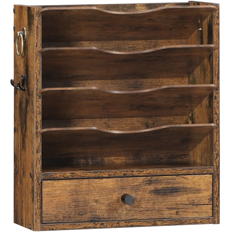 HOOBRO Wall File Organizer, Mail Organizer Wall Mounted, Wooden Literature Organizer, Construction Paper Organizer with Drawer Storage and 2 Hooks, for Office, Classroom, Home, Rustic Brown FG14WF01 - Image 1