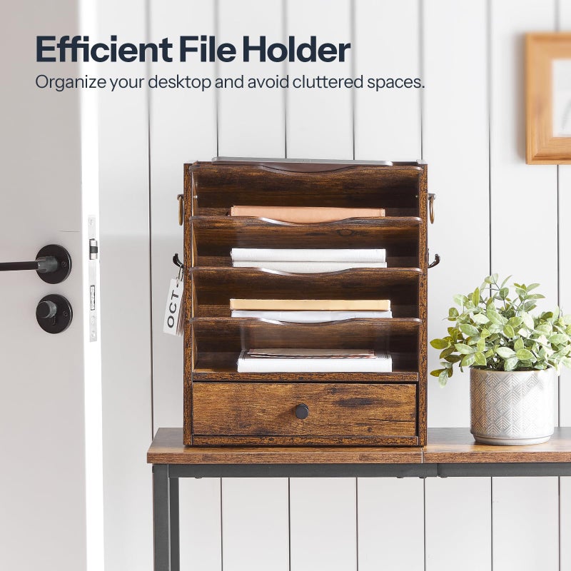 HOOBRO Wall File Organizer, Mail Organizer Wall Mounted, Wooden Literature Organizer, Construction Paper Organizer with Drawer Storage and 2 Hooks, for Office, Classroom, Home, Rustic Brown FG14WF01 - Image 4