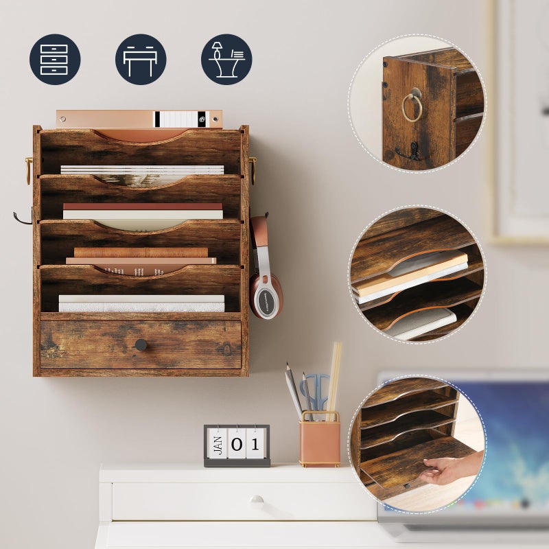 HOOBRO Wall File Organizer, Mail Organizer Wall Mounted, Wooden Literature Organizer, Construction Paper Organizer with Drawer Storage and 2 Hooks, for Office, Classroom, Home, Rustic Brown FG14WF01 - Image 5