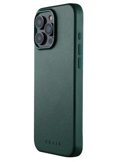 Mujjo iPhone 16 Pro with the Premium Full Leather Case in Livid Green Blue with MagSafe. This high-quality case is crafted from genuine leather, offering a luxurious and sophisticated feel that enhances the elegance of your device.