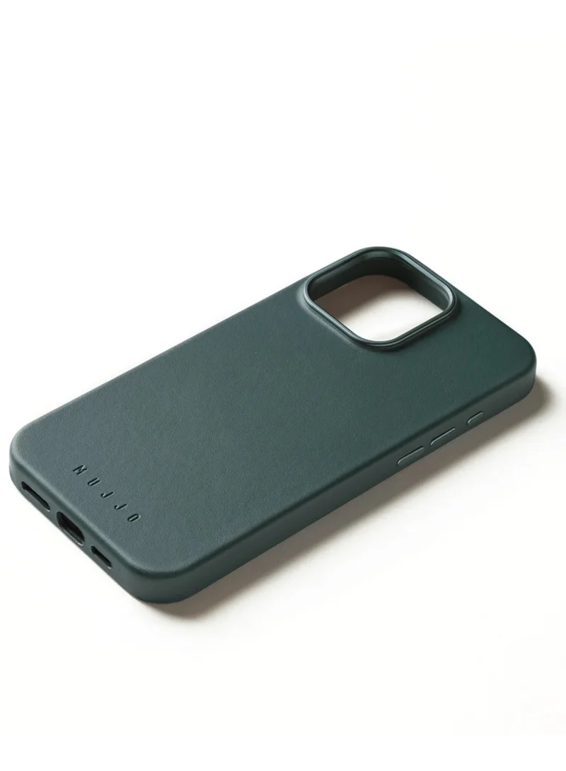 Mujjo iPhone 16 Pro with the Premium Full Leather Case in Livid Green Blue with MagSafe. This high-quality case is crafted from genuine leather, offering a luxurious and sophisticated feel that enhances the elegance of your device.