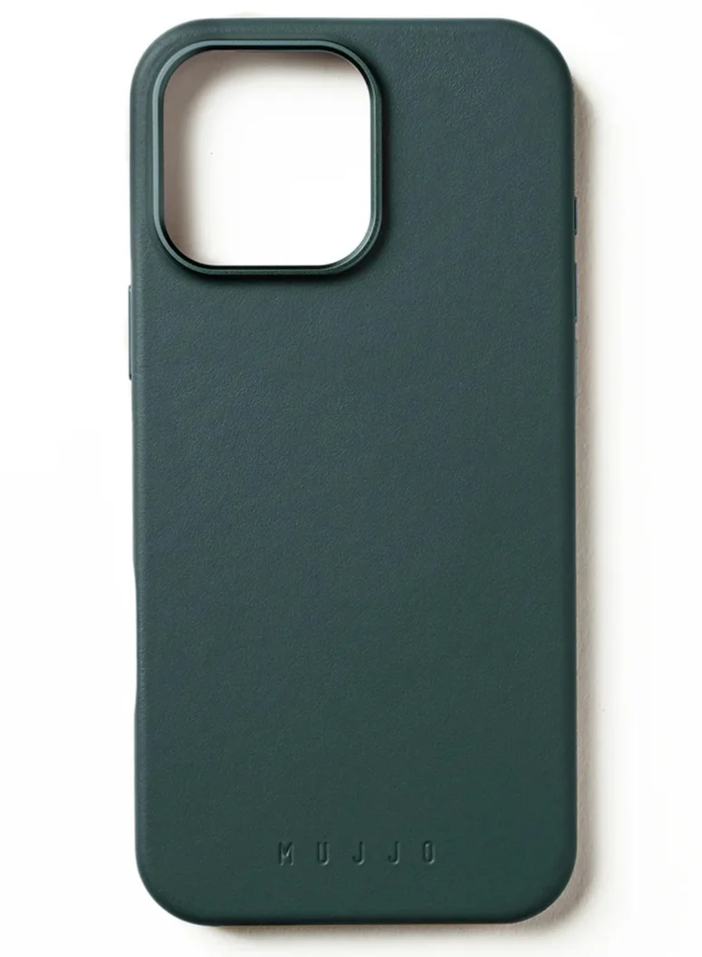 Mujjo iPhone 16 Pro with the Premium Full Leather Case in Livid Green Blue with MagSafe. This high-quality case is crafted from genuine leather, offering a luxurious and sophisticated feel that enhances the elegance of your device.