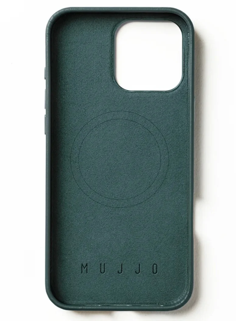 Mujjo iPhone 16 Pro with the Premium Full Leather Case in Livid Green Blue with MagSafe. This high-quality case is crafted from genuine leather, offering a luxurious and sophisticated feel that enhances the elegance of your device.
