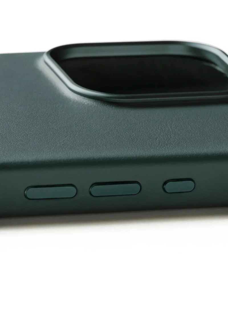 Mujjo iPhone 16 Pro with the Premium Full Leather Case in Livid Green Blue with MagSafe. This high-quality case is crafted from genuine leather, offering a luxurious and sophisticated feel that enhances the elegance of your device.