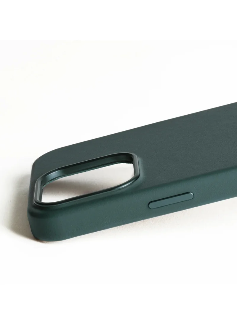 Mujjo iPhone 16 Pro with the Premium Full Leather Case in Livid Green Blue with MagSafe. This high-quality case is crafted from genuine leather, offering a luxurious and sophisticated feel that enhances the elegance of your device.