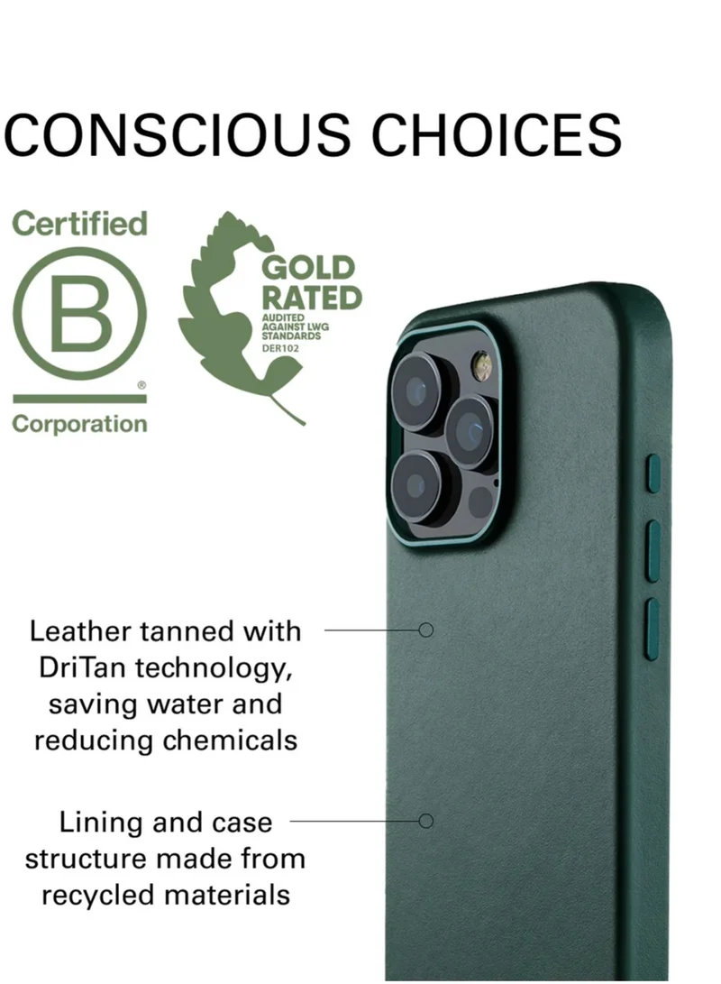 Mujjo iPhone 16 Pro with the Premium Full Leather Case in Livid Green Blue with MagSafe. This high-quality case is crafted from genuine leather, offering a luxurious and sophisticated feel that enhances the elegance of your device.