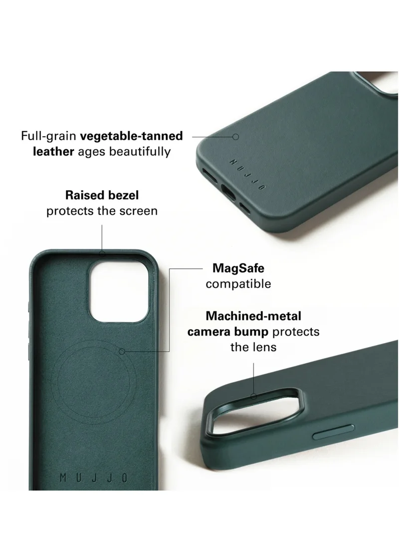 Mujjo iPhone 16 Pro with the Premium Full Leather Case in Livid Green Blue with MagSafe. This high-quality case is crafted from genuine leather, offering a luxurious and sophisticated feel that enhances the elegance of your device.