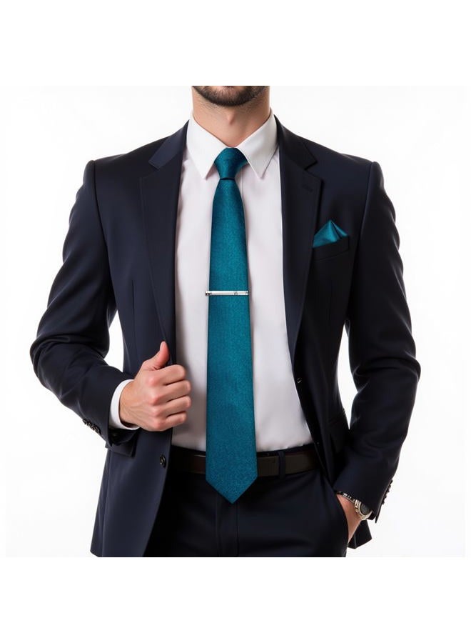 DiBanGu Men's Silk Necktie Solid Plain Tie and Pocket Square Cufflink Set Formal Business Wedding, 01 Turquoise, 59" - Image 2