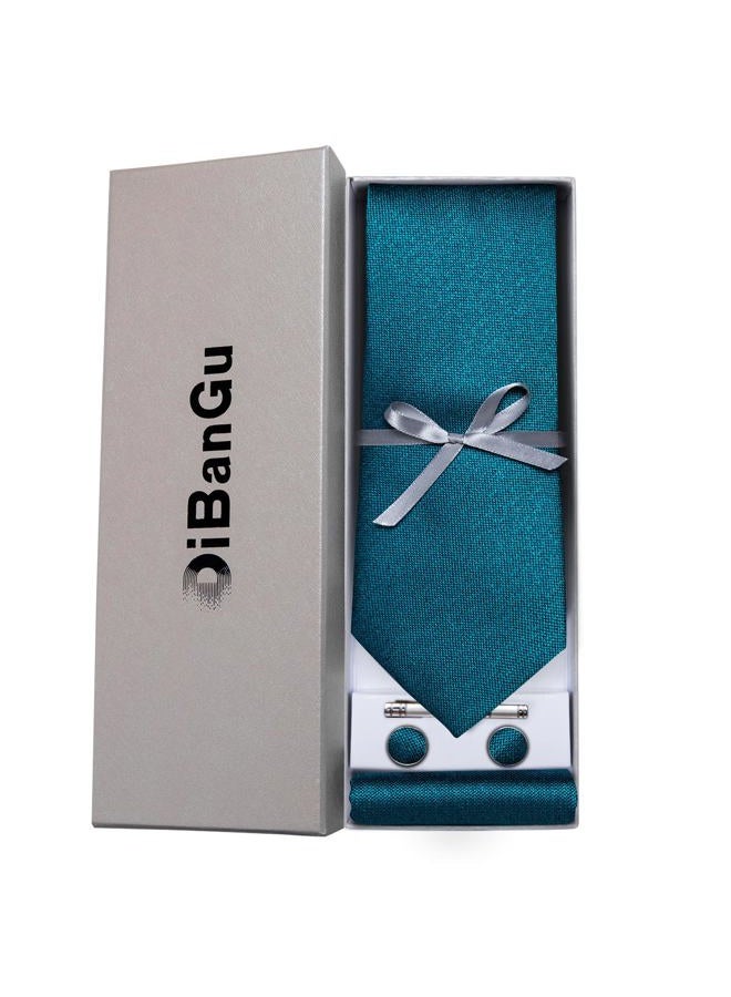 DiBanGu Men's Silk Necktie Solid Plain Tie and Pocket Square Cufflink Set Formal Business Wedding, 01 Turquoise, 59" - Image 4