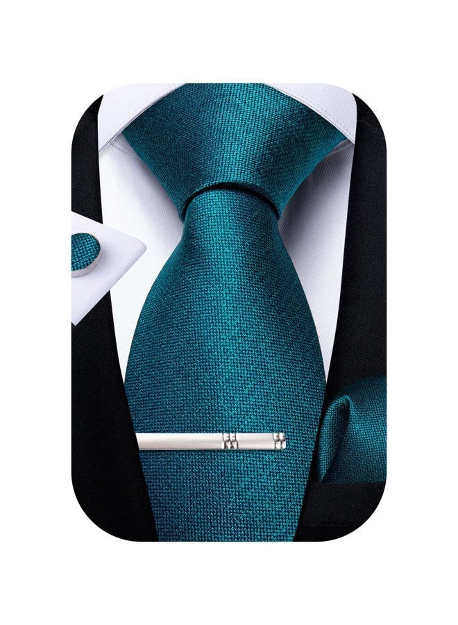 DiBanGu Men's Silk Necktie Solid Plain Tie and Pocket Square Cufflink Set Formal Business Wedding, 01 Turquoise, 59" - Image 1