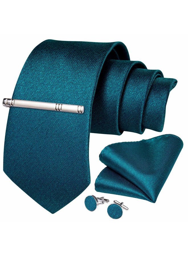 DiBanGu Men's Silk Necktie Solid Plain Tie and Pocket Square Cufflink Set Formal Business Wedding, 01 Turquoise, 59" - Image 3