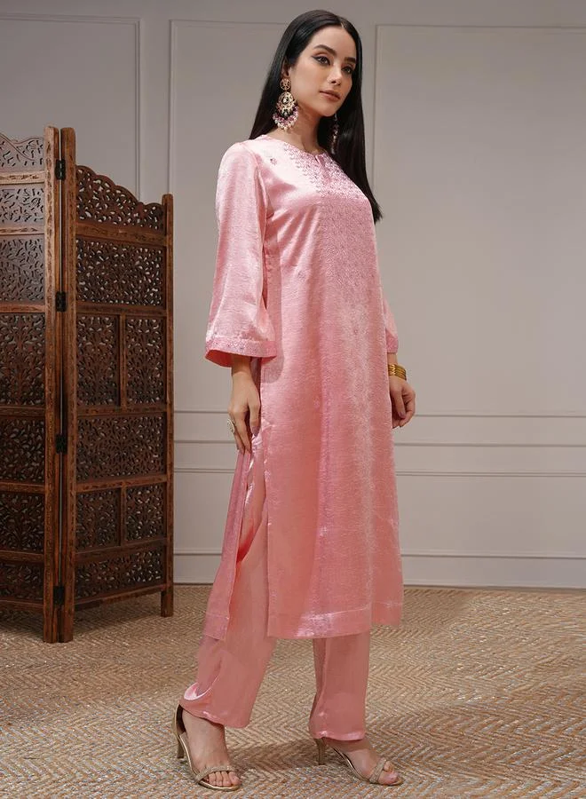 Vishudh Women Pink Embroidered Kurta Set by Styli