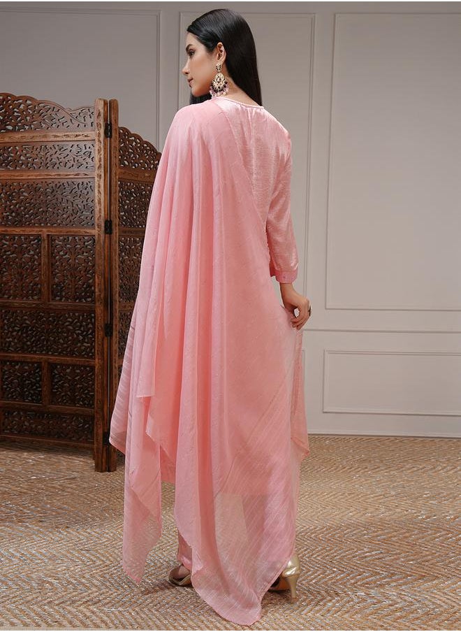 Vishudh Women Pink Embroidered Kurta Set by Styli  - Image 3